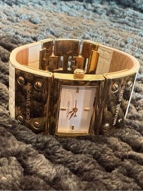 Michael Kors Runway Gold Cuff Watch White Embossed Leather Wide Bracelet
